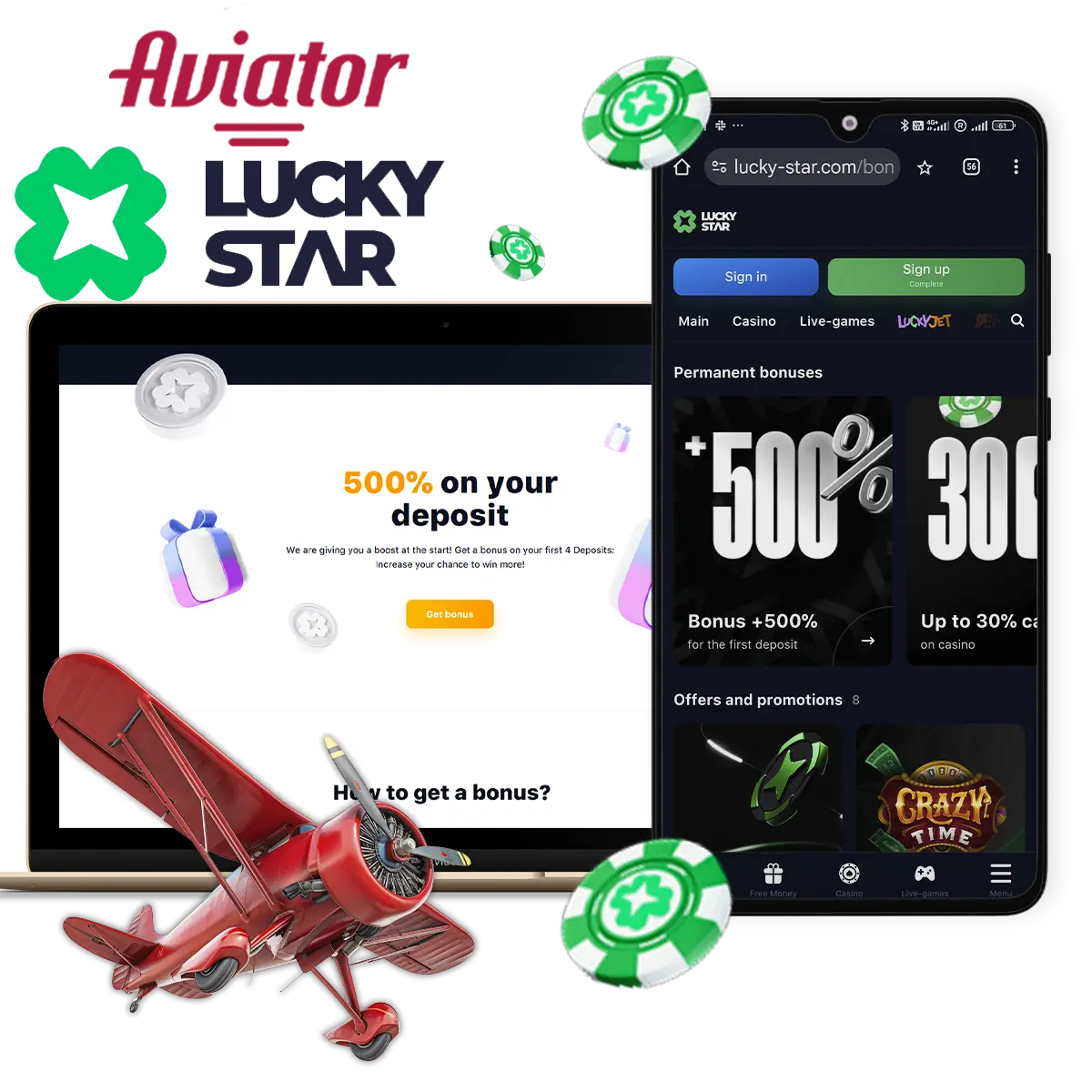 Lucky Star Aviator - 500% bonus divided into your first 4 deposits